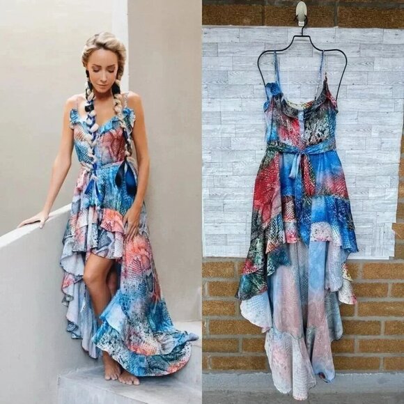 SUKISO WOMEN'S JULIET HIGH TO LOW DRESS IN RAINBOW SNAKESKIN LARGE - Picture 1 of 14